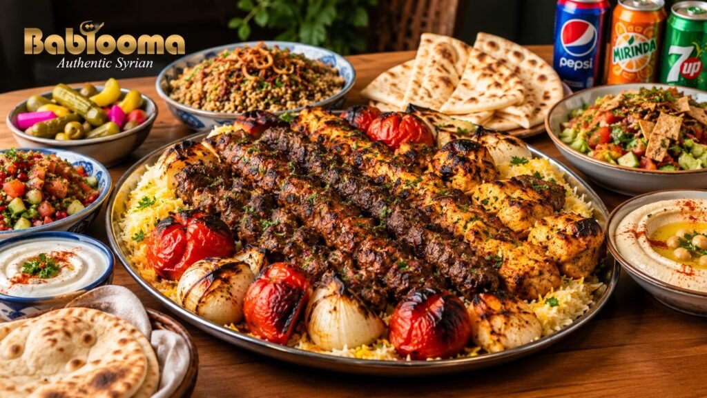 Bab Tooma King Kabab Tray with grilled lamb and chicken kebabs, Arabic rice, hummus, fresh salads and flatbread.