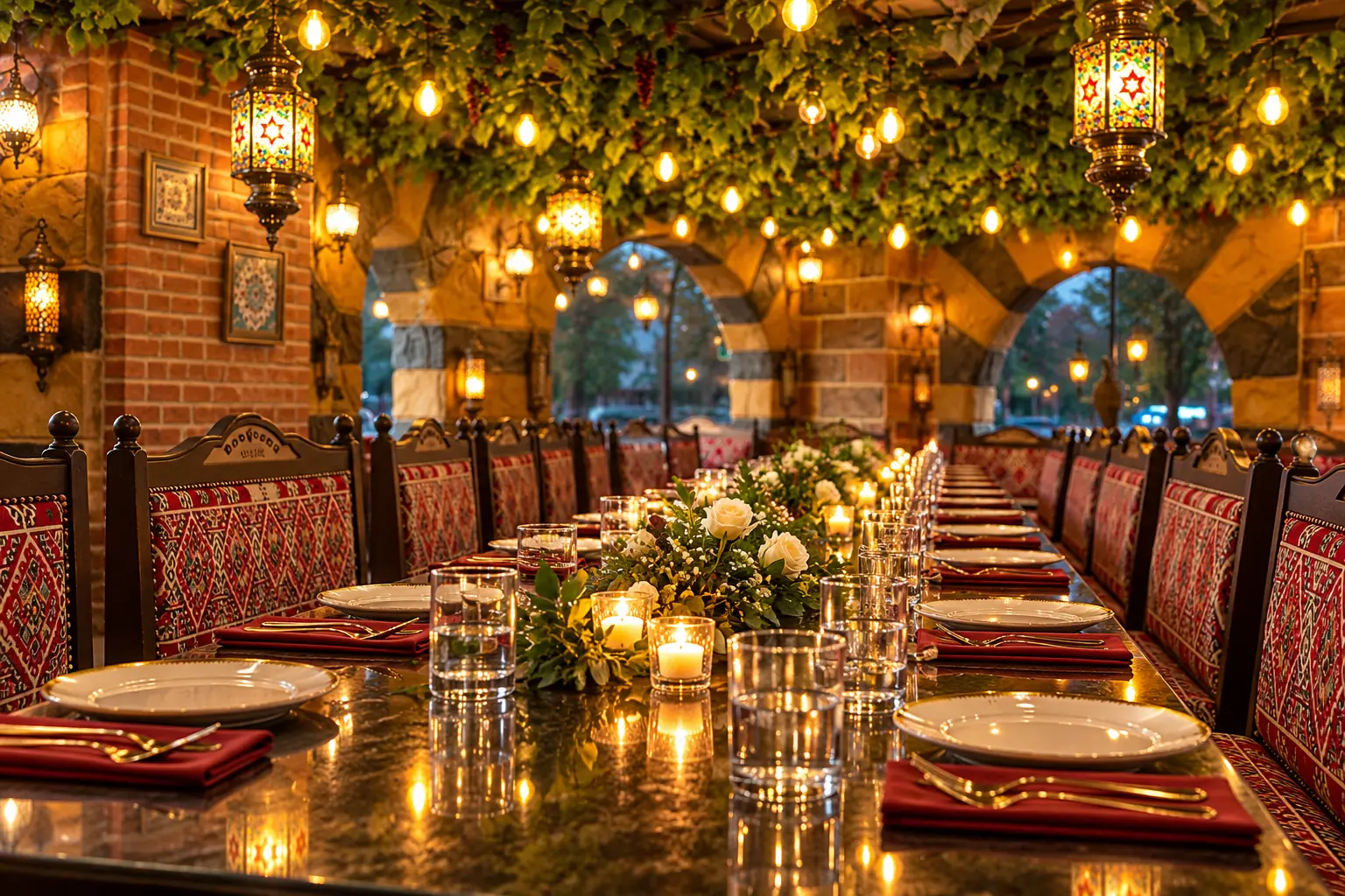 A long table laid for a group dinner under string lights