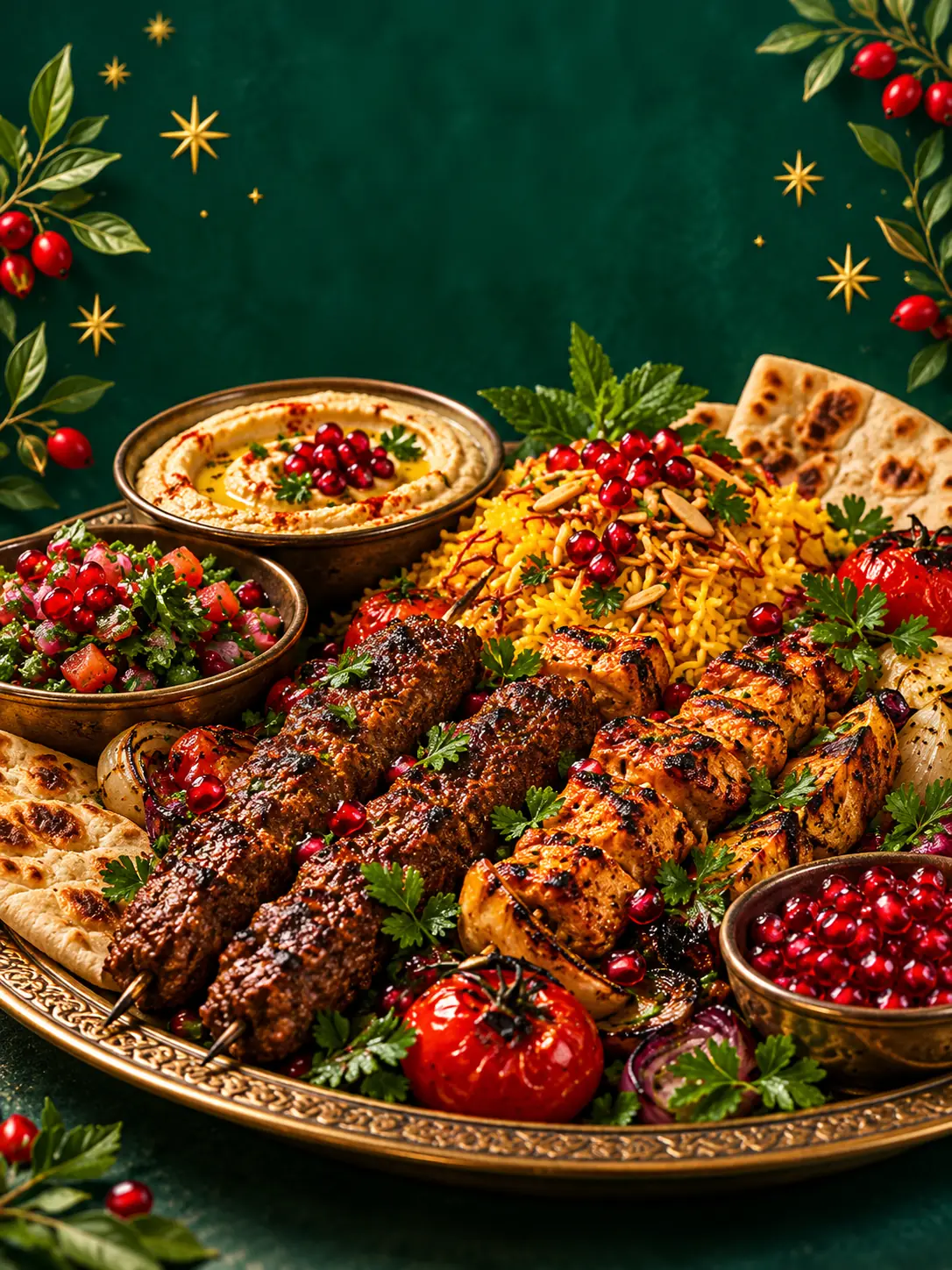 A festive sharing feast of grills, rice and salads