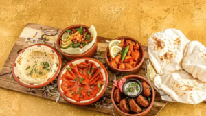 Best kebab in Leeds. Mixed Middle Eastern platter with hummus, falafel, salads, dips and pita bread