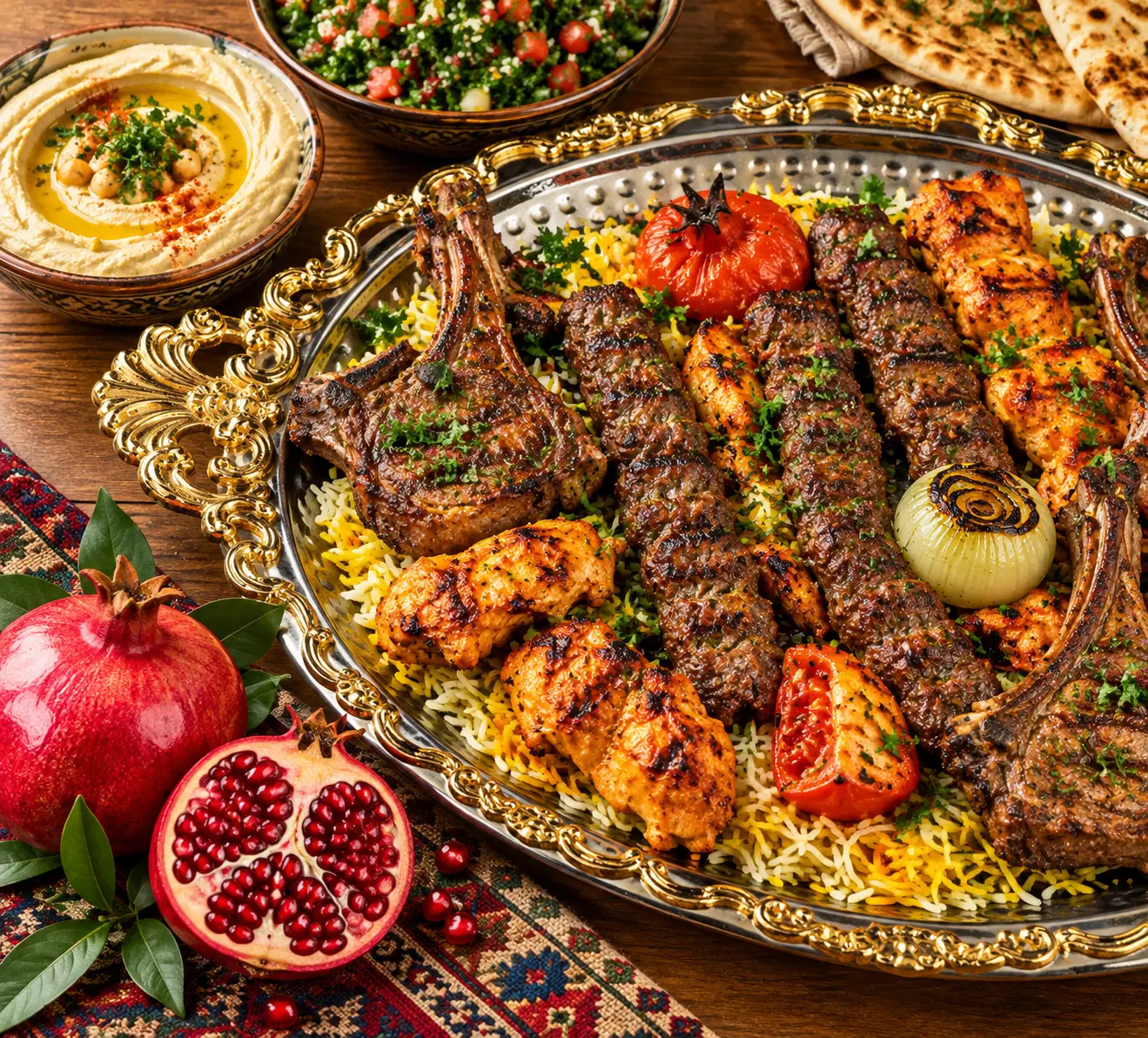 Syrian mixed grill sharing platter of lamb chops, kebabs and chicken on spiced rice at BabTooma