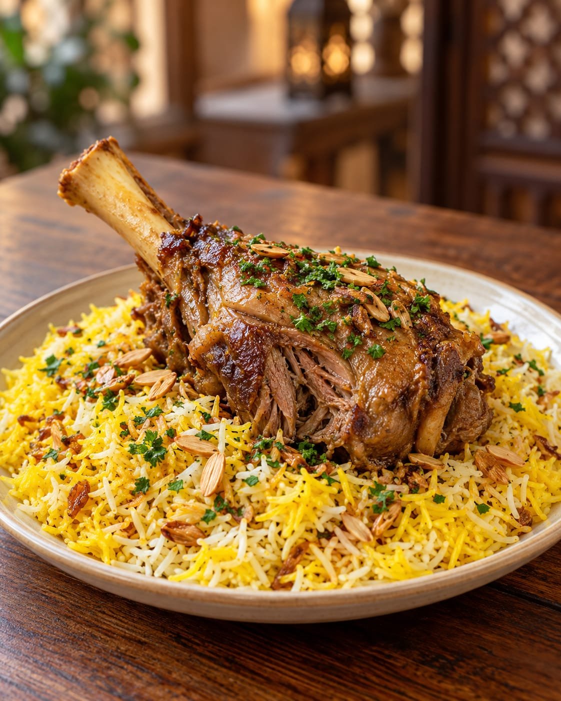 Lamb shank on a bed of spiced mandi rice