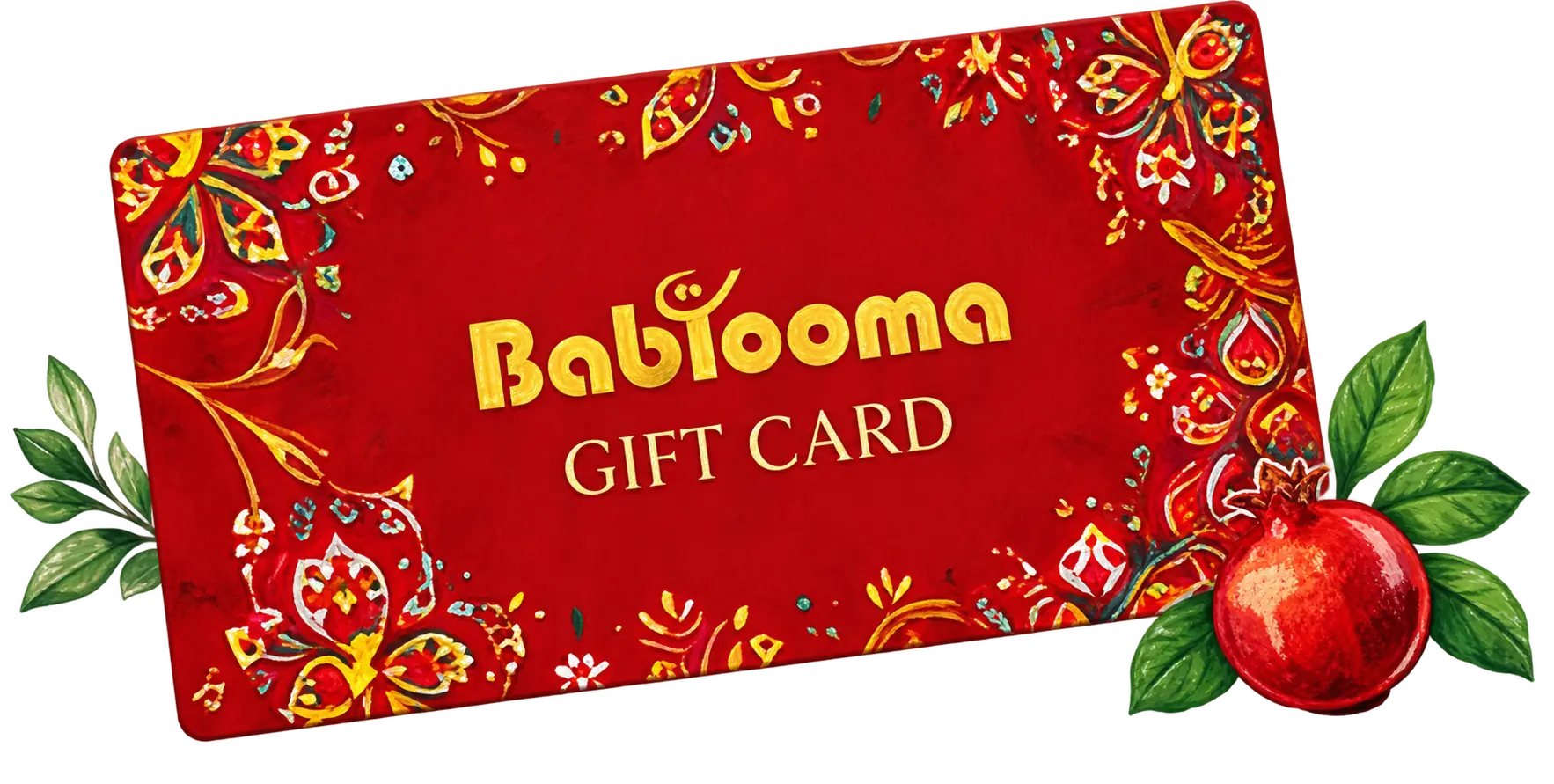A red BabTooma gift card with a gold floral border