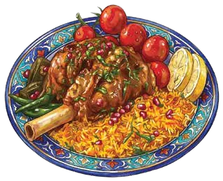 Illustration of lamb shank mandi with rice and tomatoes