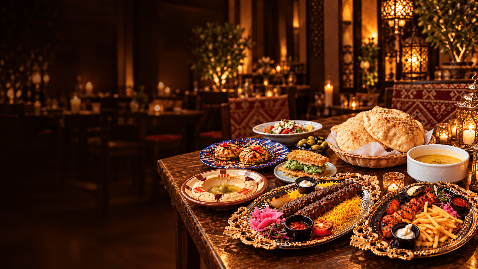 Syrian sharing feast with grilled kebabs, rice, hummus and fresh bread at BabTooma